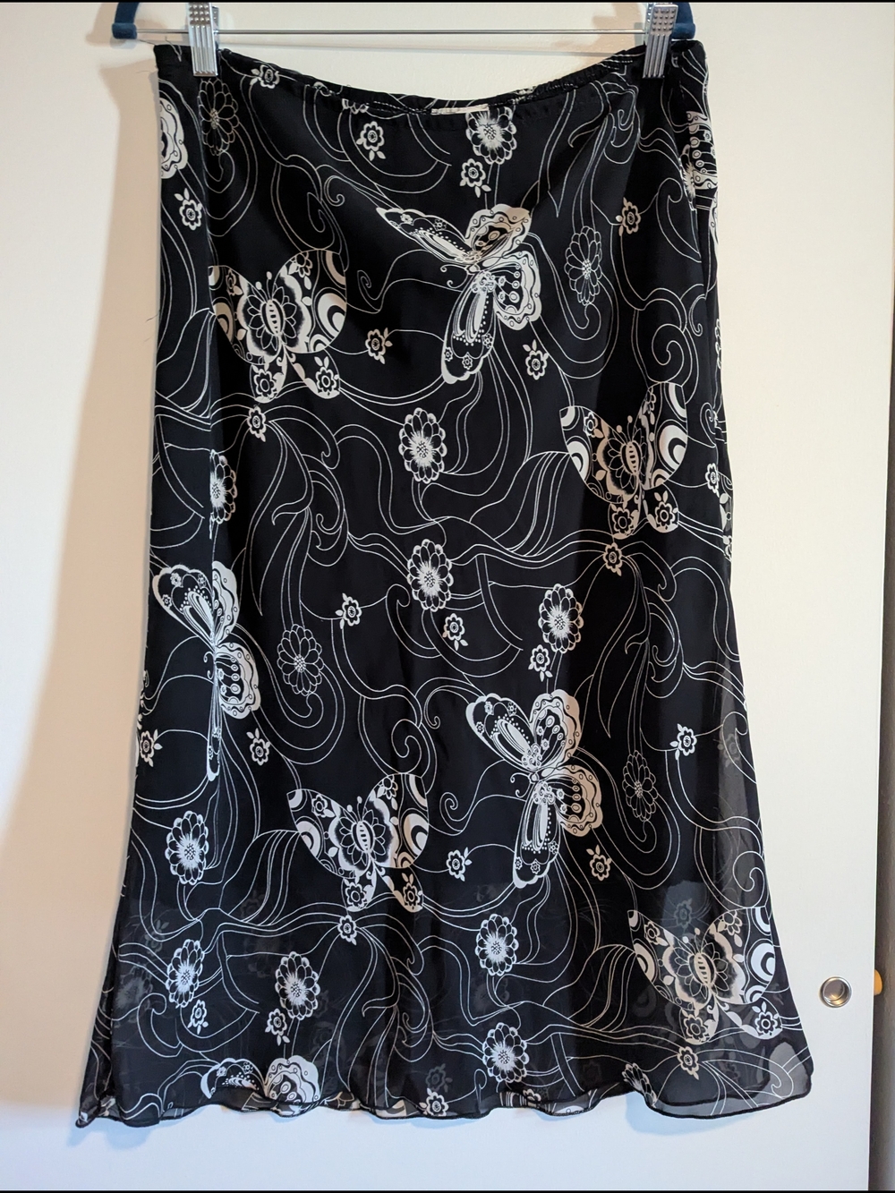 Vintage Y2K Black White Butterfly Floral Mesh Chiffon Midi Skirt